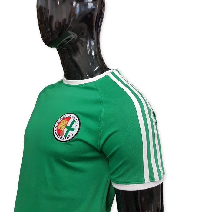 High quality raglan green tshirt in new fasion style with three white stripes on sleeves. White ribbons and embroidered multicoloured football club lo