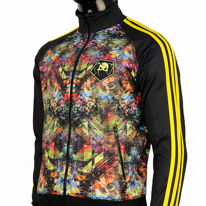 A colorful full-color zip-up sweatshirt with an abstract pattern and yellow stripes